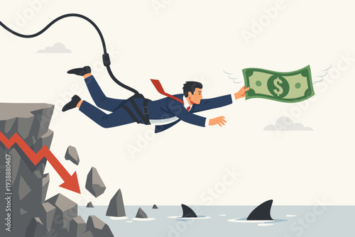 Businessman Bungee Jumping off Cliff to Catch Flying Money over Sharks and Stock Market Crash Arrow, Concept of Investment Risk, Financial Greed, Economic Crisis and Business Challenge