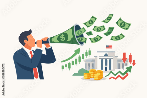 Businessman Blowing Dollar Megaphone with Money Flying Out, US Central Bank Building, Stock Market Candlestick Charts and Gold Coins, Concept of FED Interest Rate Policy and Financial Profit.