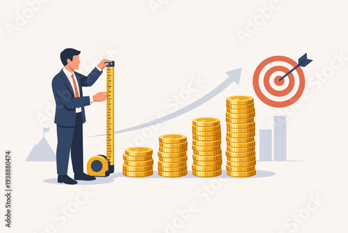 Businessman measuring stacks of gold coins with a tape measure, representing ROI, financial growth, and wealth monitoring with a target goal and rising arrow graph for business success.