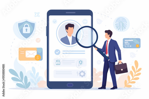 KYC Know Your Customer Identity Verification Process for Online Banking and Crypto Trading, Businessman with Magnifying Glass Inspecting User Profile on Smartphone Screen with Security Icons.