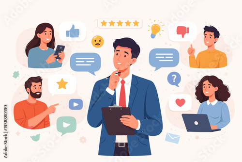 Businessman listening to customer feedback and reviews from diverse clients. Vector illustration of market research, social media monitoring, reputation management, and hearing client advice.