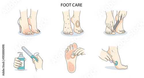 Detailed infographic illustrates different steps for professional foot care including exfoliation, moisturizing, and pedicure.