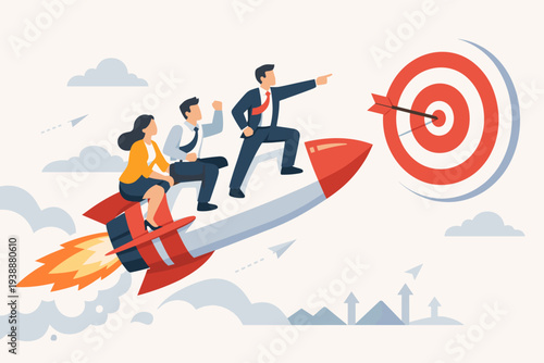 Business Team Riding a Rocket Toward a Target Bullseye, Concept of Startup Growth, Success, Achievement, Teamwork, Strategy, Leadership, and Reaching Corporate Goals in a Flat Vector Illustration.