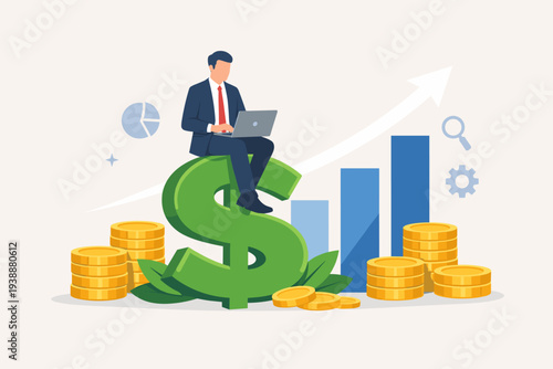 Businessman sitting on a large dollar sign working on laptop with stacks of gold coins and rising growth chart, concept of revenue increase, financial investment profit and wealth accumulation