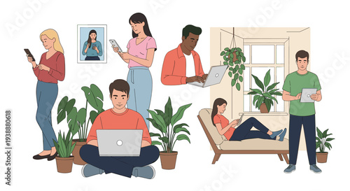 Diverse group of young people is using smartphones, laptops, and tablets while surrounded by green house plants at home.