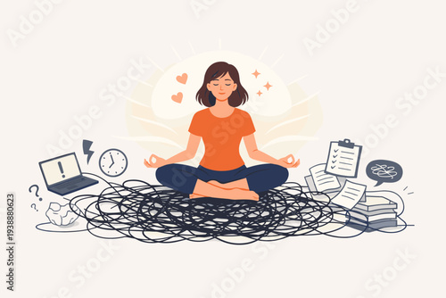 Woman meditating in lotus position for stress management and mental health. Illustration of mindfulness, relaxation, and emotional control to reduce anxiety from work chaos and busy life.