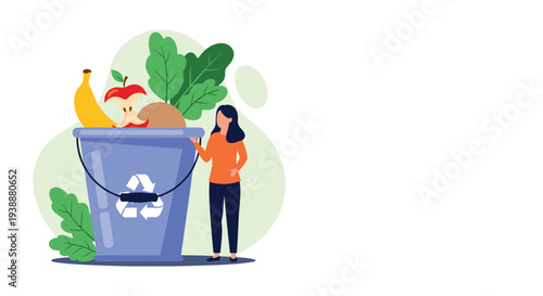 Young woman stands next to a large blue recycling bin filled with organic food waste like fruits and green vegetables.