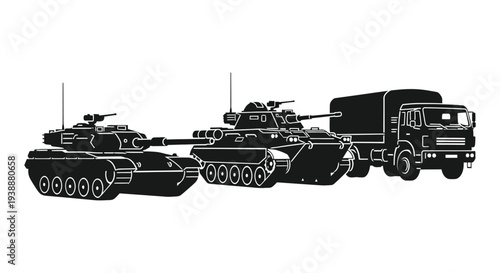 A stark black silhouette of military vehicles including tanks and a truck conveys strength and power silhouette