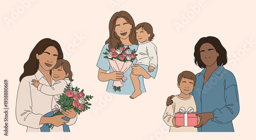 Beautiful illustration shows diverse mothers being celebrated by their happy children with flowers and wrapped present gifts.