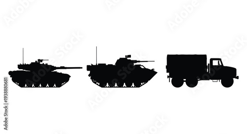 A stark black silhouette depicts three military vehicles a tank an armored car and a truck silhouette