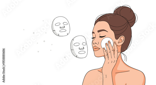 Young woman with a hair bun is applying skincare patches to her face while several sheet masks float in the background.