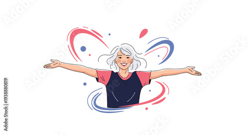 Joyful woman with short gray hair stands with her arms wide open surrounded by colorful abstract pink and blue swirls.