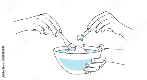Close up illustration shows multiple human hands using spoons to mix white powder into a bowl of clear blue liquid.