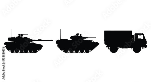 A stark black silhouette depicts a tank armored vehicle and truck in a linear arrangement silhouette