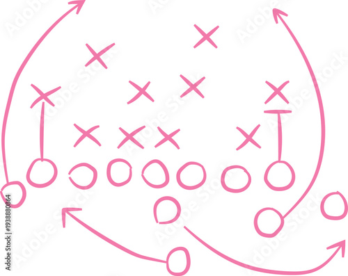 A hand-drawn pink football strategy diagram illustrating offensive and defensive player positions and movement arrows for a game plan.