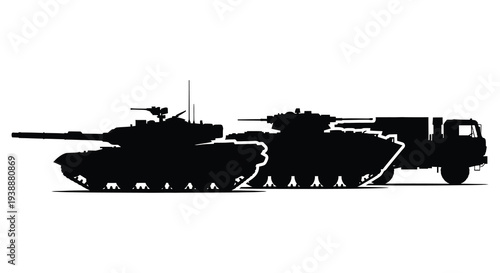 A stark black silhouette depicts military vehicles including tanks and trucks in a line silhouette