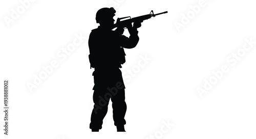 A soldier aiming a rifle depicted in a stark black form against a white background silhouette