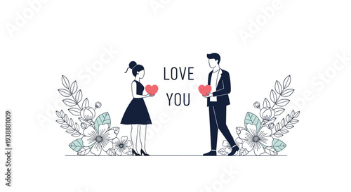Romantic couple holding red hearts while facing each other with floral decorations and Love You text on background.