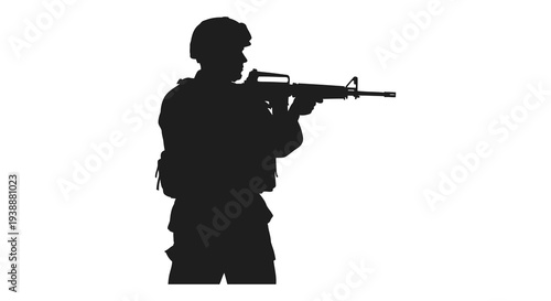 A soldier stands in a shooting stance holding a rifle depicted as a stark silhouette
