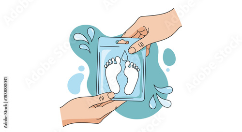 Close up of hands carefully holding a clear package featuring baby footprints with water droplets on a blue background.