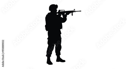 A soldier aiming a rifle depicted in stark black against a white background silhouette high quality