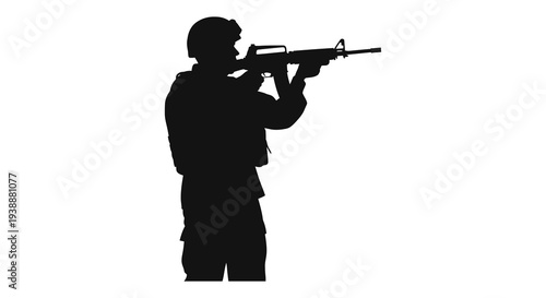 A soldier aiming a rifle depicted in a stark black profile against a white background silhouette