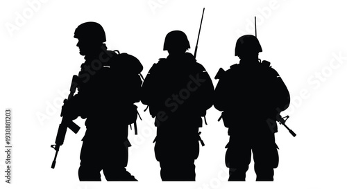 Three soldiers standing in formation facing forward depicted as a striking black silhouette high quality professional