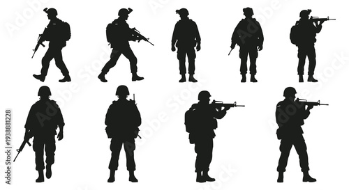 A group of soldiers in various combat poses are depicted in black silhouette high quality professional