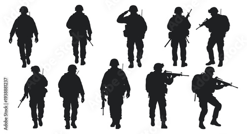 A collection of soldiers in various stances depicted as a striking black silhouette high quality professional