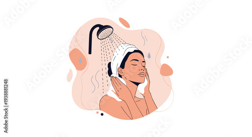 Relaxing illustration of a young woman enjoying a warm shower with steam and water droplets in a soft background.