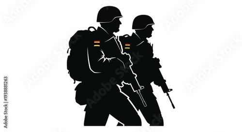 Two spanish soldiers with backpacks and rifles stand in a dramatic black silhouette high quality professional