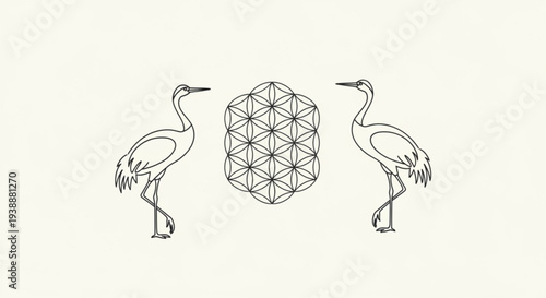 Two cranes face each other with sacred geometric pattern