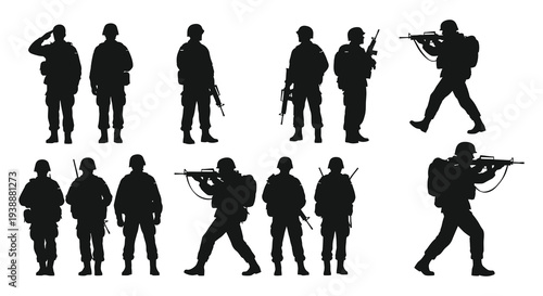 A collection of soldiers in various poses depicted as stark black shapes silhouette high quality professional