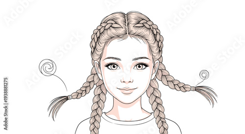 Artistic hand drawn portrait of a beautiful young girl with her hair styled in two long traditional braids against white.