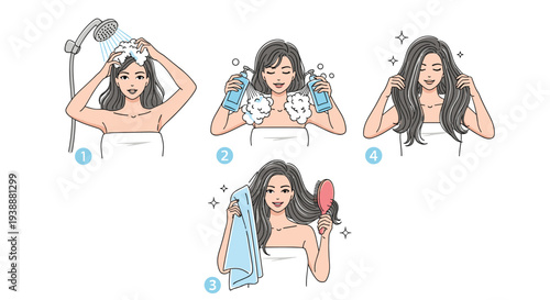 Educational step by step guide showing the proper process for a woman to wash and care for her long hair in a shower.