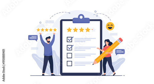 Customer feedback and rating concept with people interacting with a giant clipboard to give a five star review.
