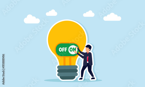 Businessman switching on light bulb symbolizing creative thinking and innovative business ideas