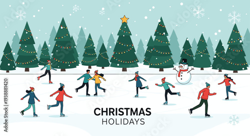 Festive winter scene with people ice skating in a park decorated with snowy Christmas trees and a cheerful snowman.