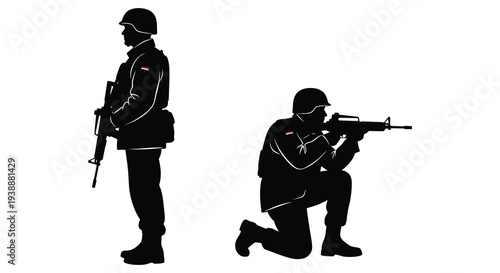 Two soldiers in uniform one standing and one kneeling depicted in stark black silhouette high quality