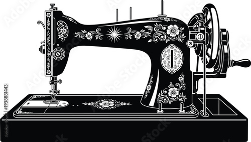 Vintage sewing machine silhouette, classic tailor equipment with floral ornament design antique stitching device vector illustration isolated retro sewing tool