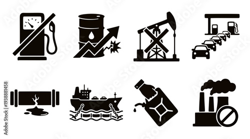 Set of black and white oil and gas crisis icons, illustrating fuel scarcity, price increase, transportation, and industrial impact.