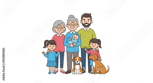 Heartwarming portrait of a multi generational family standing together with their newborn baby and pet dogs.