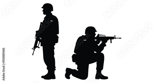 Two armed soldiers depicted in a stark black silhouette against a white background silhouette high quality