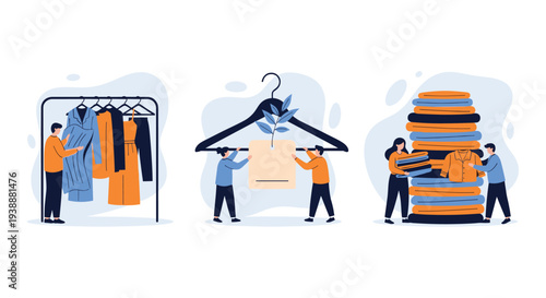 Illustrations of people organizing their wardrobe by hanging garments and folding stacks of colorful clothing.