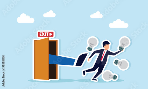 Businessman kicked out of office door with broken light bulbs symbolizing dismissal of employee who lacks creativity and innovative thinking in business team