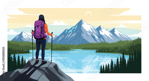 Adventurous woman with a backpack standing on a cliff overlooking a beautiful mountain range and calm lake.