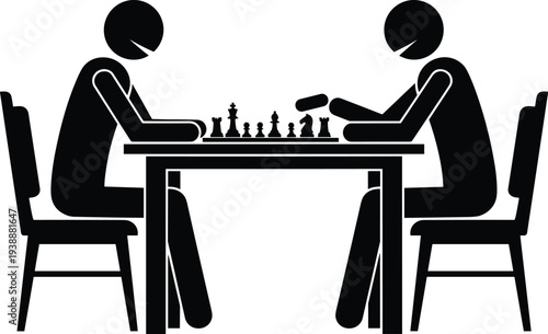 Chess players competition icon, two people playing chess at table strategy board game tournament concept silhouette vector illustration isolated