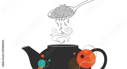 Creative illustration of dried tea leaves being poured into a teapot with elegant steam and abstract artistic shapes.