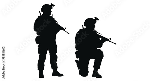Two german soldiers in combat gear one standing and one kneeling depicted as a silhouette