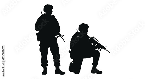 Two armed soldiers stand guard their forms rendered as a stark black silhouette high quality professional